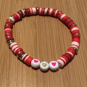Handmade Polymer Clay Stretch Bead Bracelet Pink and Gold Hearts 7 inches